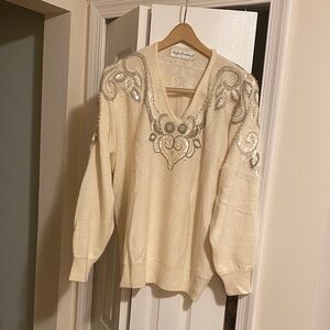 Beautiful Ivory V-Neck Sweater with Metallic Accents